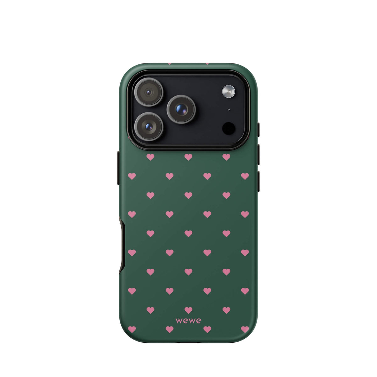 Deep forest-green iPhone case with evenly spaced vivid-pink mini hearts