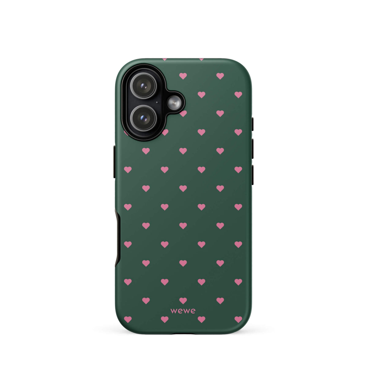 Deep forest-green iPhone case with evenly spaced vivid-pink mini hearts