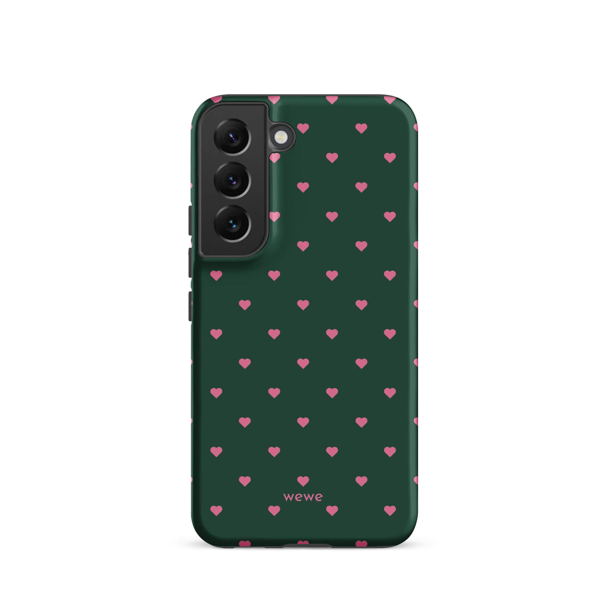 Deep forest-green iPhone case with evenly spaced vivid-pink mini hearts