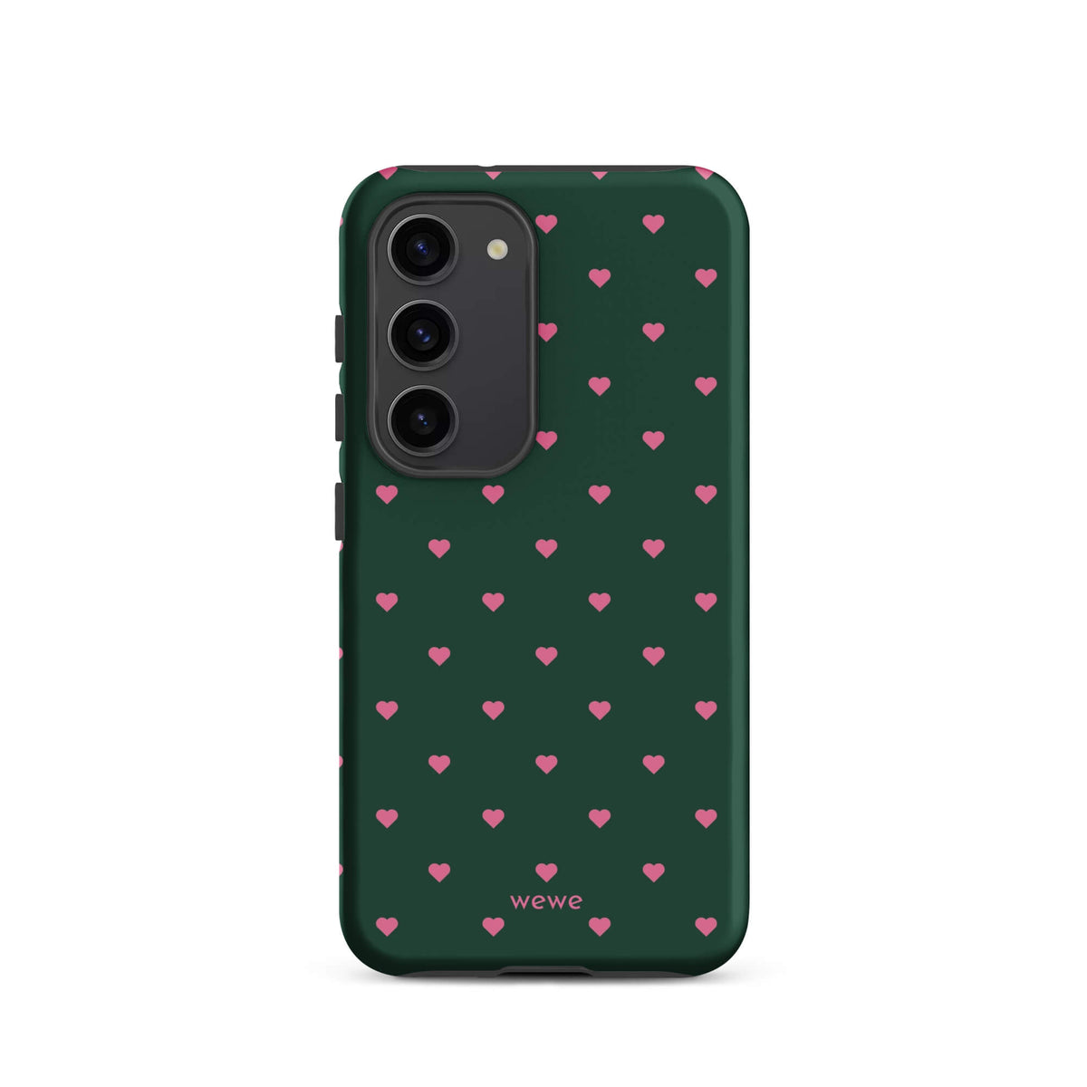 Deep forest-green iPhone case with evenly spaced vivid-pink mini hearts