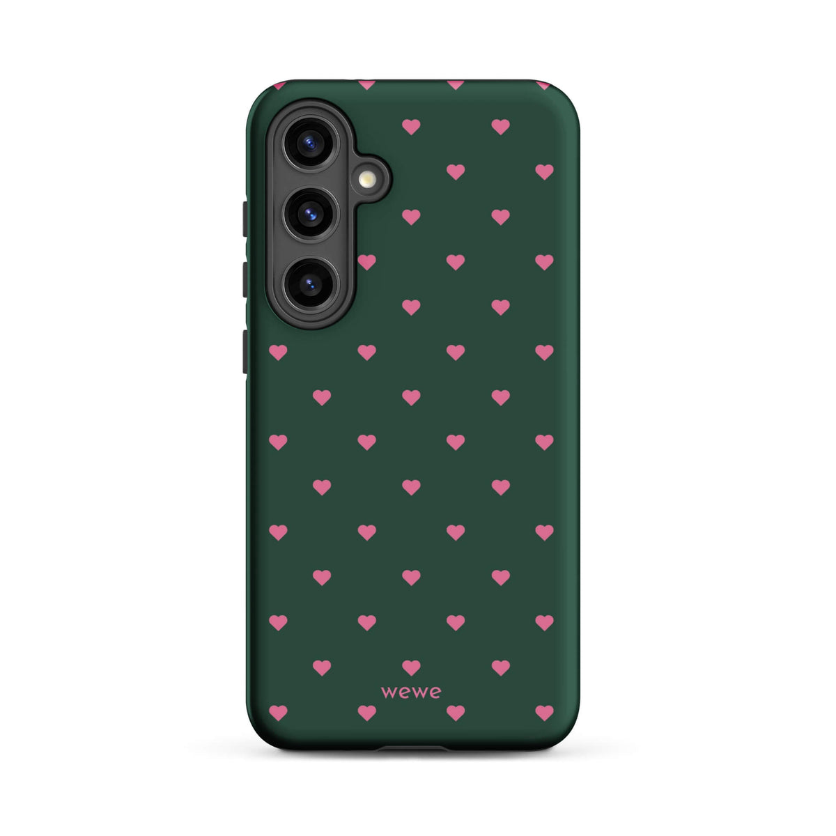 Deep forest-green iPhone case with evenly spaced vivid-pink mini hearts