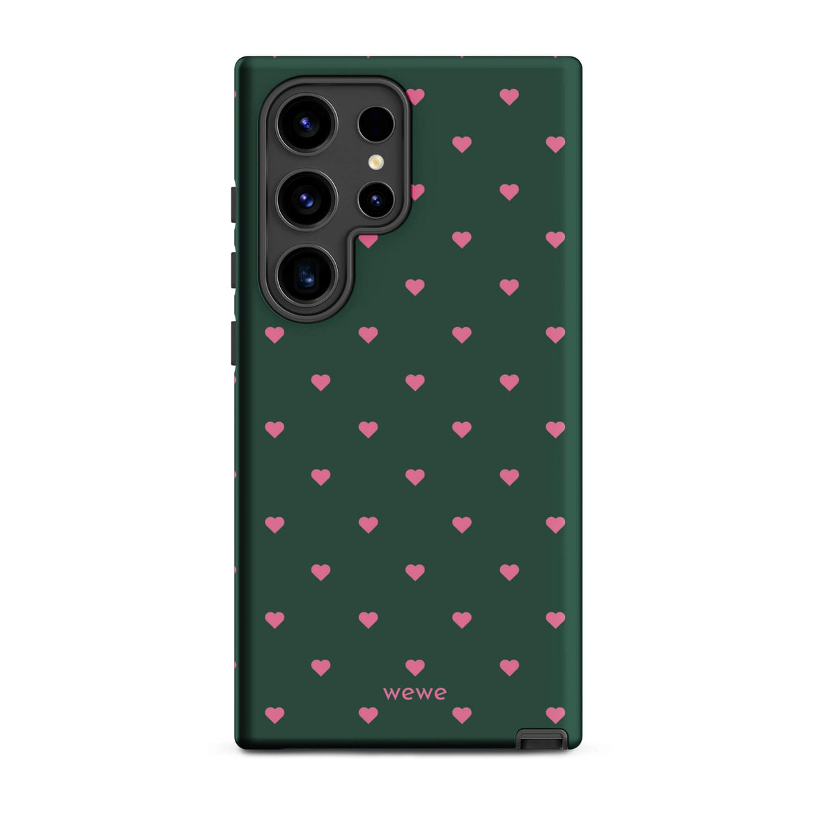 Deep forest-green iPhone case with evenly spaced vivid-pink mini hearts