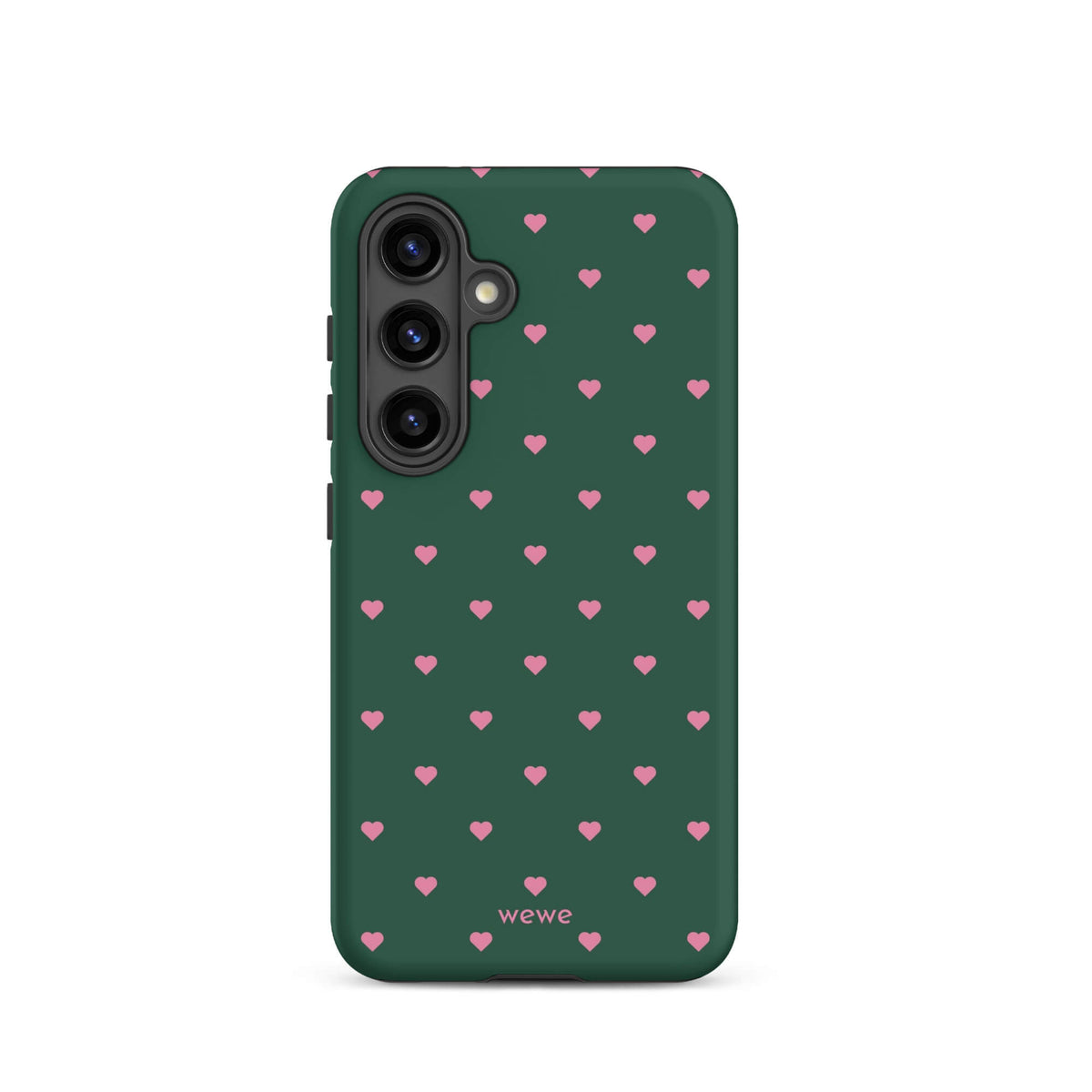 Deep forest-green iPhone case with evenly spaced vivid-pink mini hearts