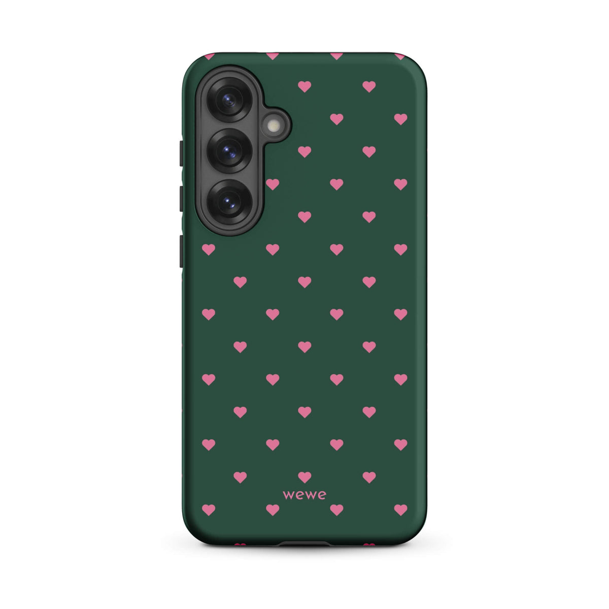 Deep forest-green iPhone case with evenly spaced vivid-pink mini hearts