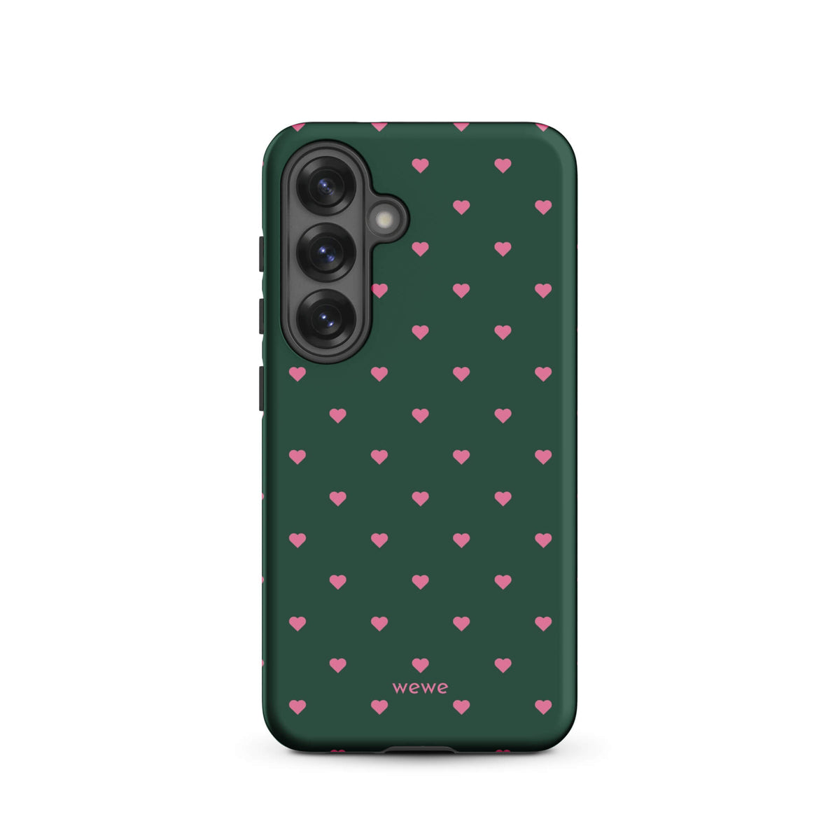 Deep forest-green iPhone case with evenly spaced vivid-pink mini hearts