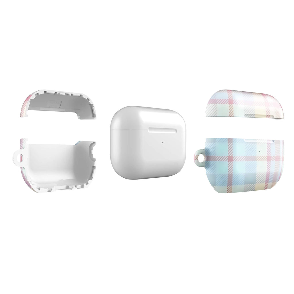 Custom airpods case pro gen2 with a fresh summer vibes, soft pastel plaid pattern in pink, blue, and yellow.