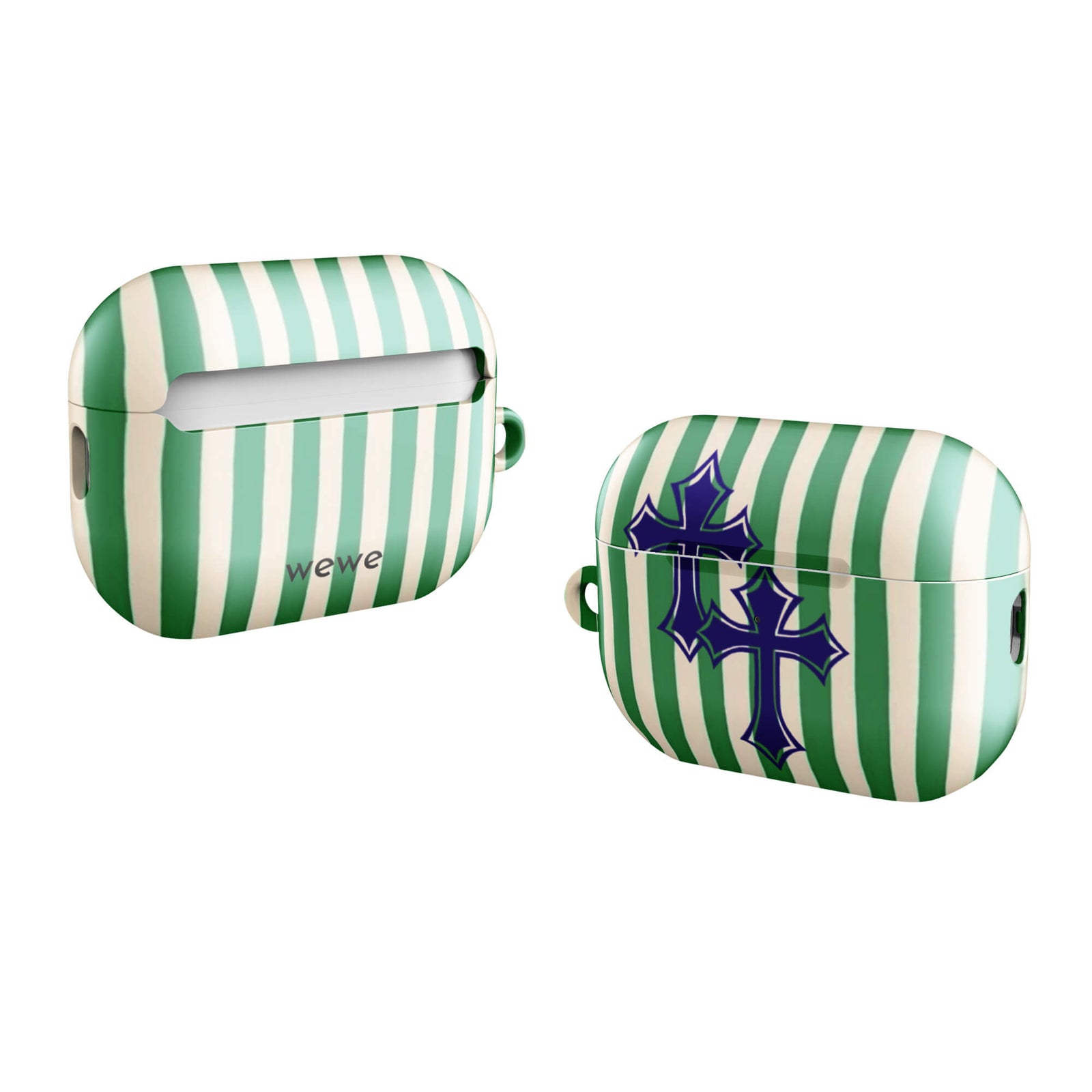 Custom airpods case pro gen2 with a green and white vertical stripe pattern and two overlapping blue tribal crosses.