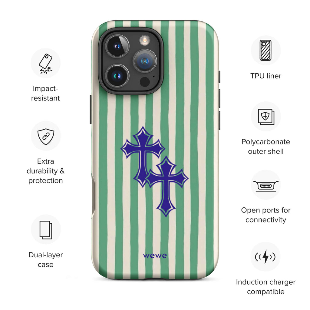 Custom green stripe iPhone case 16 pro max wireless charging compatible.