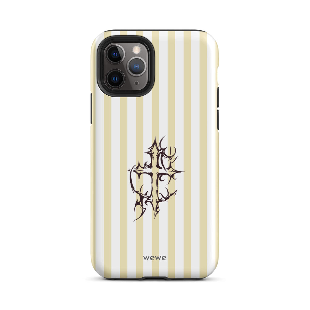 Custom iPhone 11 pro tough case featuring glossy vertical stripes in cream/ivory and white, centered with a spiky, tribal-style cross graphic, and 'wewe' branding at the bottom.