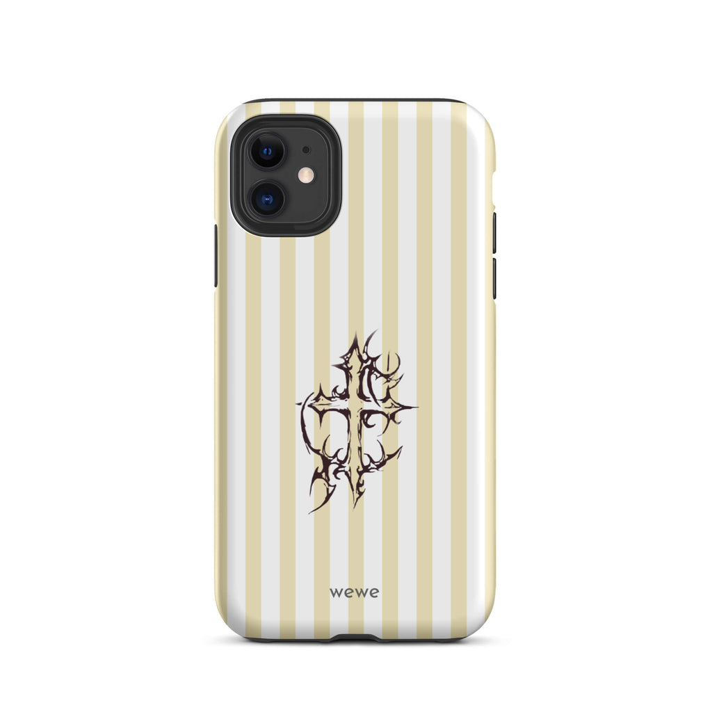 Custom iPhone 11 tough case featuring glossy vertical stripes in cream/ivory and white, centered with a spiky, tribal-style cross graphic, and 'wewe' branding at the bottom.