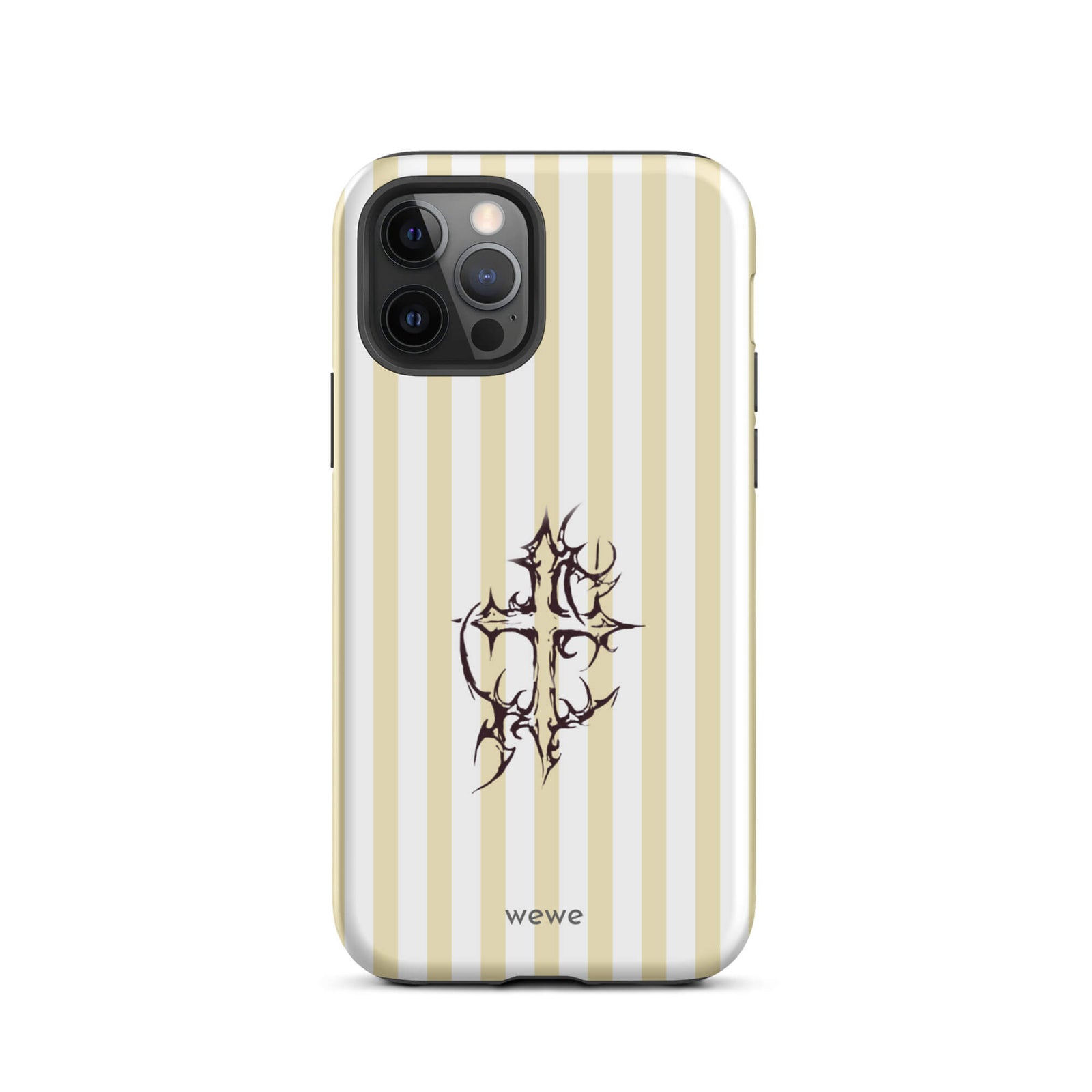 Custom iPhone 12 pro tough case featuring glossy vertical stripes in cream/ivory and white, centered with a spiky, tribal-style cross graphic, and 'wewe' branding at the bottom.