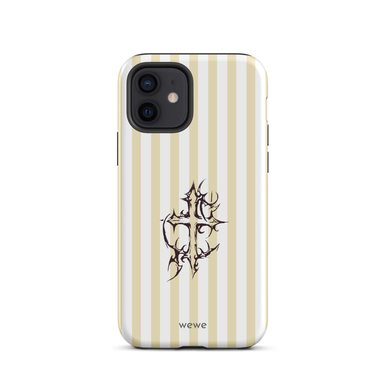 Custom iPhone 12 tough case featuring glossy vertical stripes in cream/ivory and white, centered with a spiky, tribal-style cross graphic, and 'wewe' branding at the bottom.