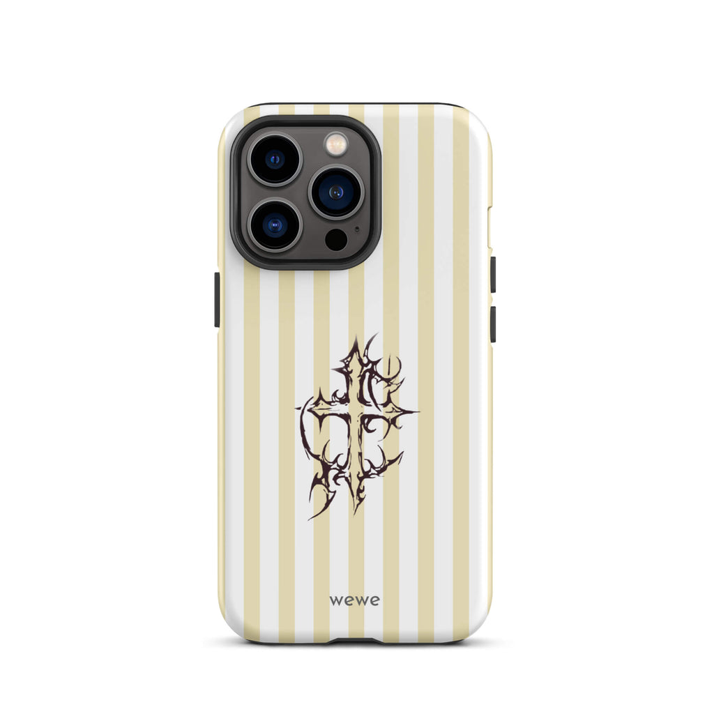 Custom iPhone 13 pro tough case featuring glossy vertical stripes in cream/ivory and white, centered with a spiky, tribal-style cross graphic, and 'wewe' branding at the bottom.