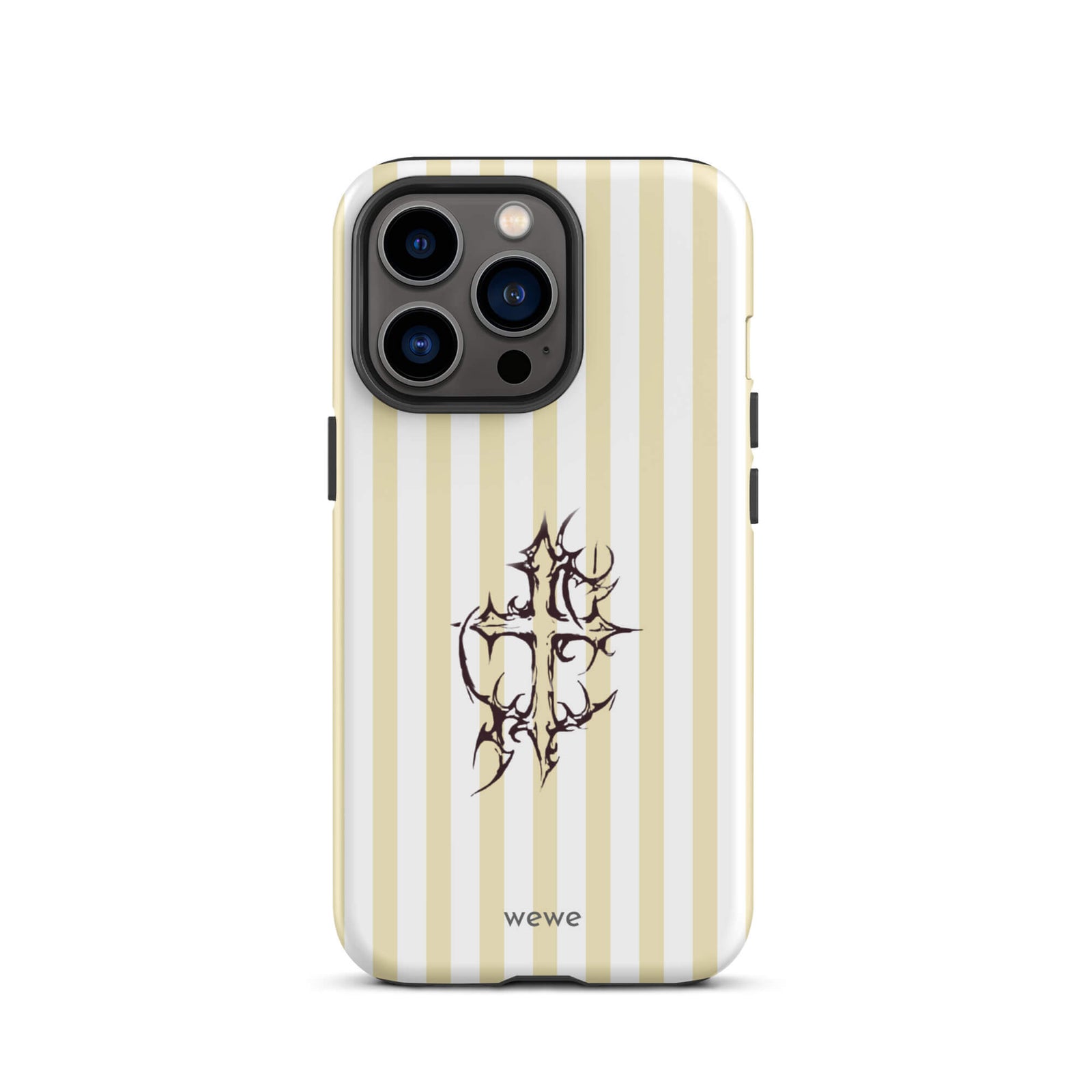 Custom iPhone 13 pro tough case featuring glossy vertical stripes in cream/ivory and white, centered with a spiky, tribal-style cross graphic, and 'wewe' branding at the bottom.