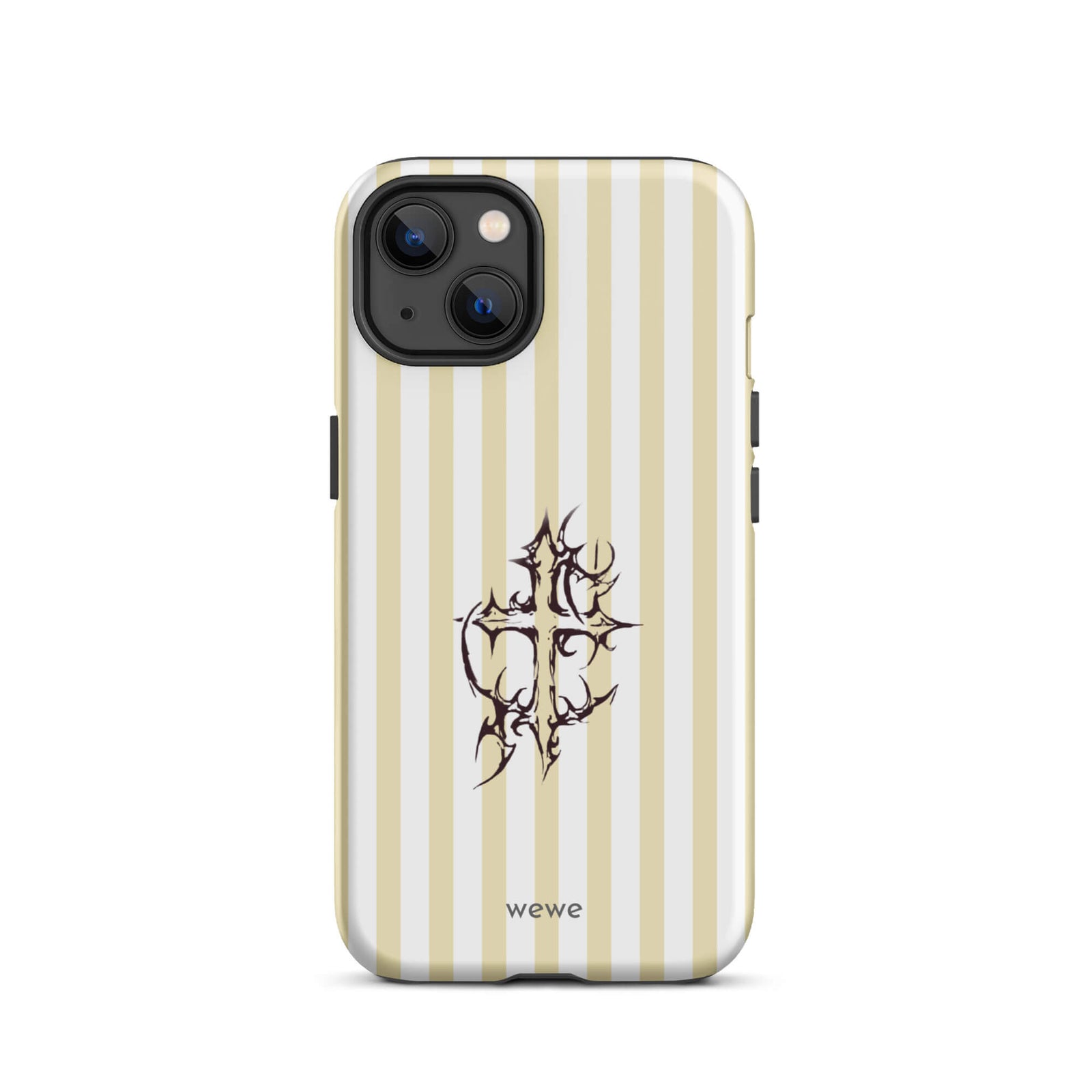 Custom iPhone 13 tough case featuring glossy vertical stripes in cream/ivory and white, centered with a spiky, tribal-style cross graphic, and 'wewe' branding at the bottom.