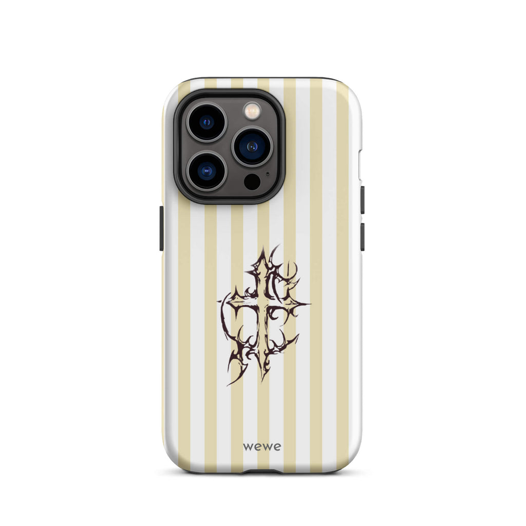 Custom iPhone 14 pro tough case featuring glossy vertical stripes in cream/ivory and white, centered with a spiky, tribal-style cross graphic, and 'wewe' branding at the bottom.