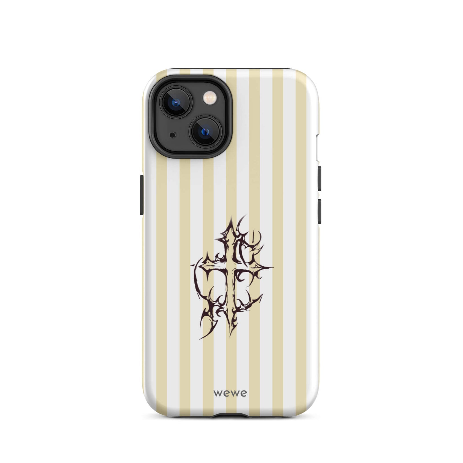 Custom iPhone 14 tough case featuring glossy vertical stripes in cream/ivory and white, centered with a spiky, tribal-style cross graphic, and 'wewe' branding at the bottom.