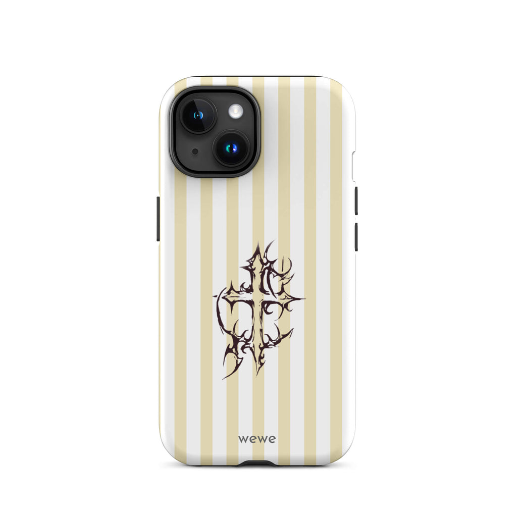 Custom iPhone 15 tough case featuring glossy vertical stripes in cream/ivory and white, centered with a spiky, tribal-style cross graphic, and 'wewe' branding at the bottom.