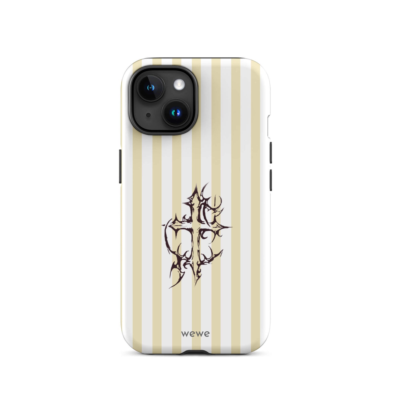 Custom iPhone 15 tough case featuring glossy vertical stripes in cream/ivory and white, centered with a spiky, tribal-style cross graphic, and 'wewe' branding at the bottom.