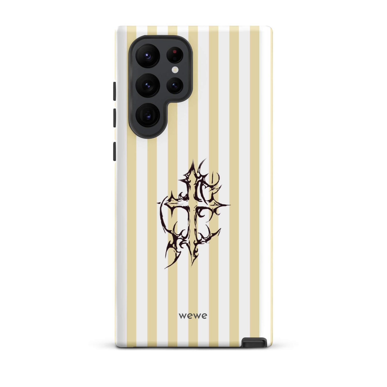 Custom samsung galaxy s22 ultra tough case featuring glossy vertical stripes in cream/ivory and white, centered with a spiky, tribal-style cross graphic, and 'wewe' branding at the bottom.