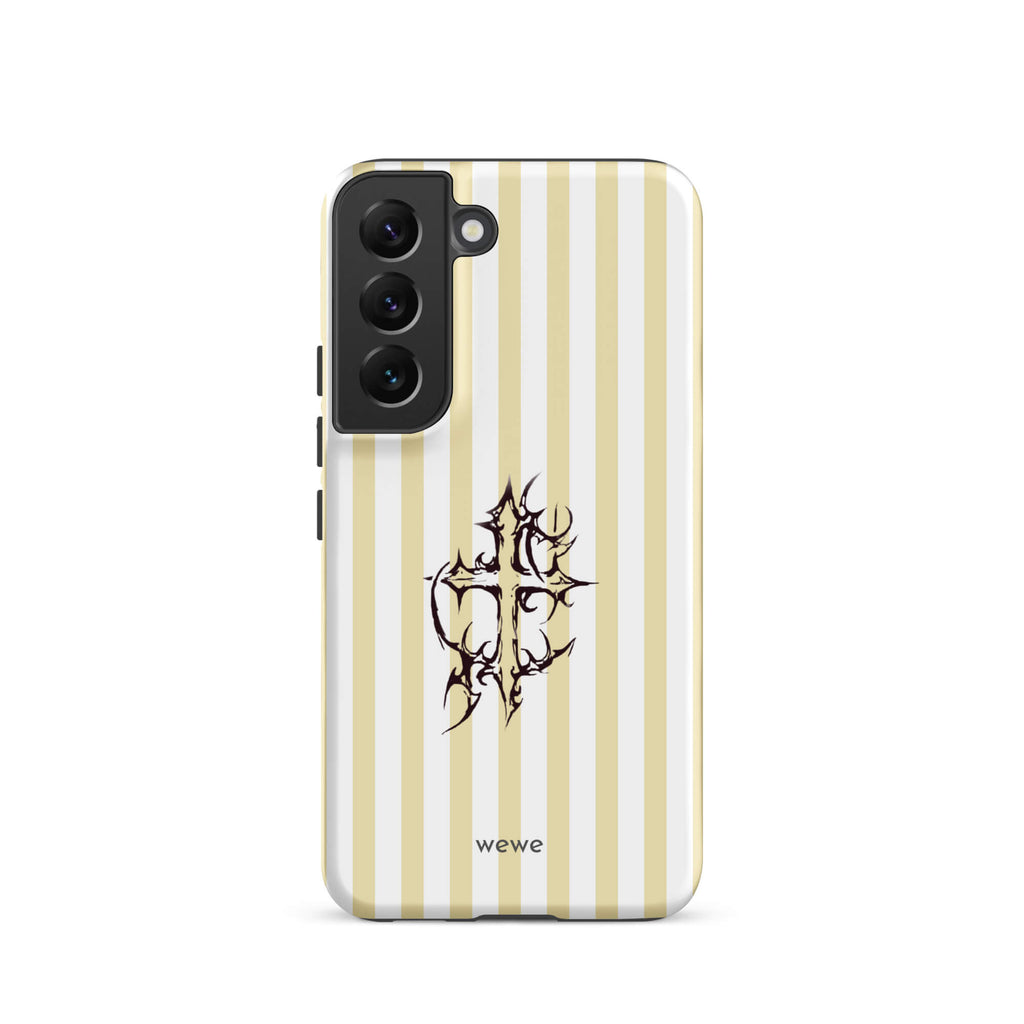 Custom samsung galaxy s22 tough case featuring glossy vertical stripes in cream/ivory and white, centered with a spiky, tribal-style cross graphic, and 'wewe' branding at the bottom.
