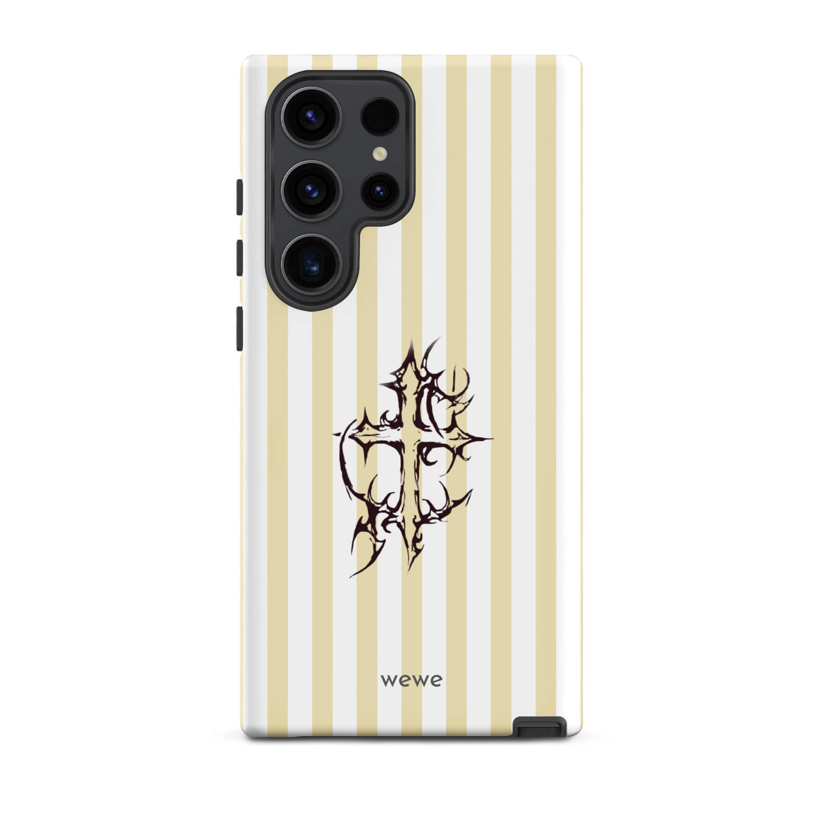 Custom samsung galaxy s23 ultra tough case featuring glossy vertical stripes in cream/ivory and white, centered with a spiky, tribal-style cross graphic, and 'wewe' branding at the bottom.