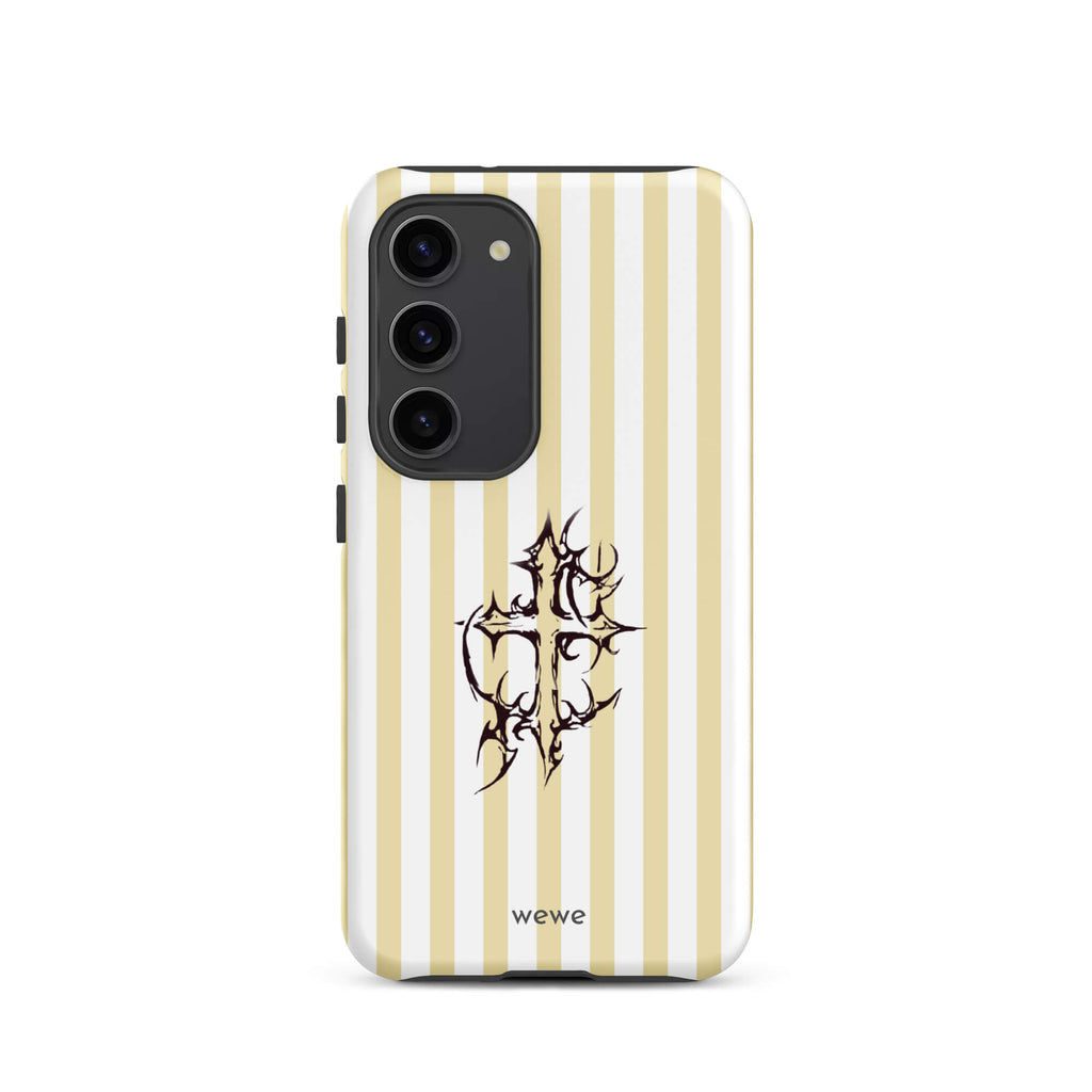 Custom samsung galaxy s23 tough case featuring glossy vertical stripes in cream/ivory and white, centered with a spiky, tribal-style cross graphic, and 'wewe' branding at the bottom.