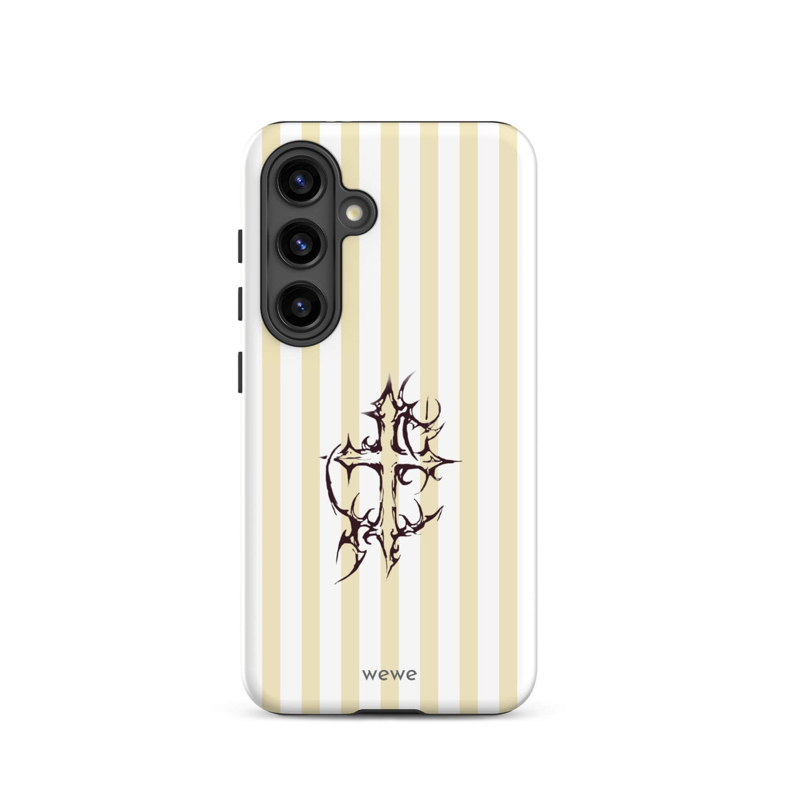 Custom samsung galaxy s24 tough case featuring glossy vertical stripes in cream/ivory and white, centered with a spiky, tribal-style cross graphic, and 'wewe' branding at the bottom.