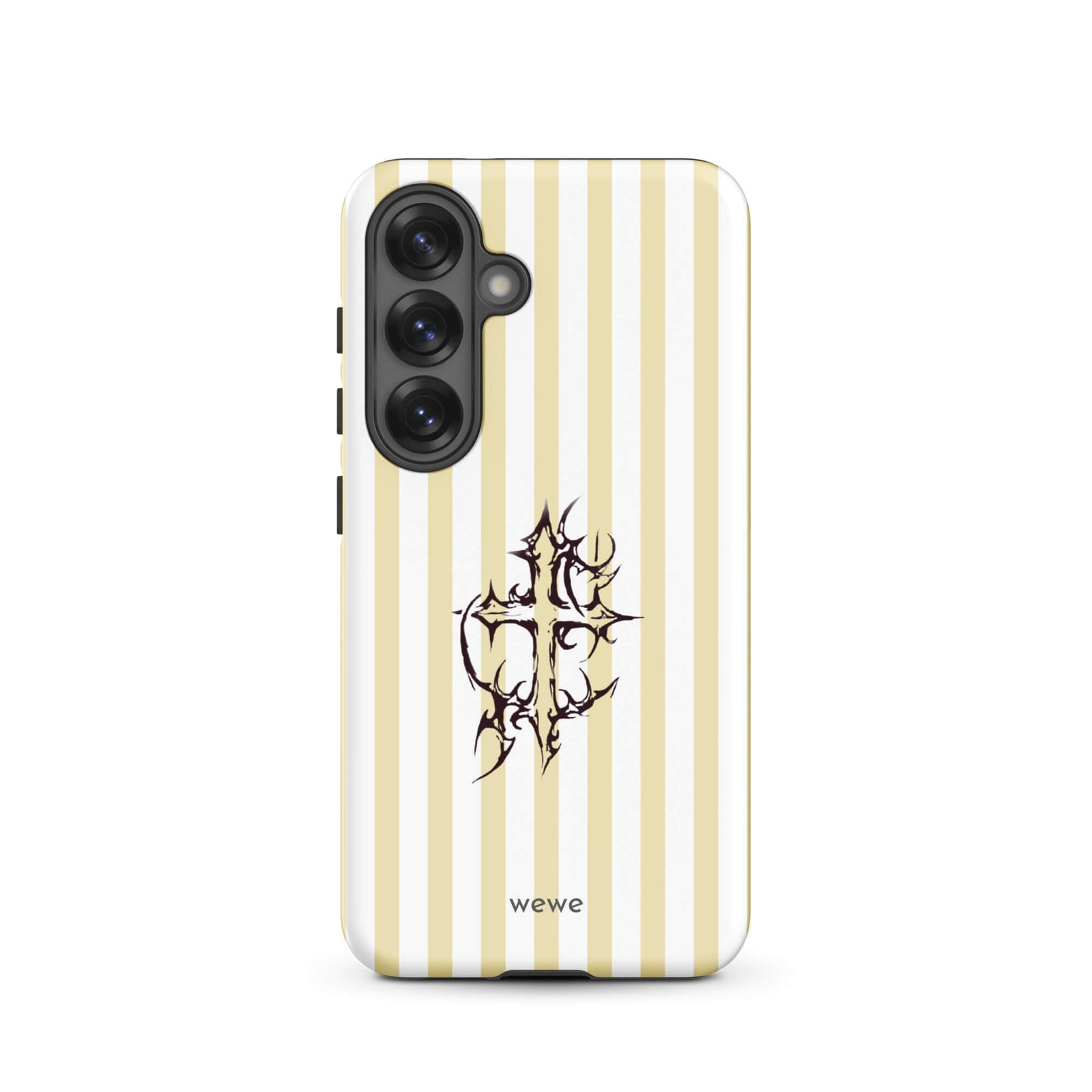Custom samsung galaxy s25 tough case featuring glossy vertical stripes in cream/ivory and white, centered with a spiky, tribal-style cross graphic, and 'wewe' branding at the bottom.