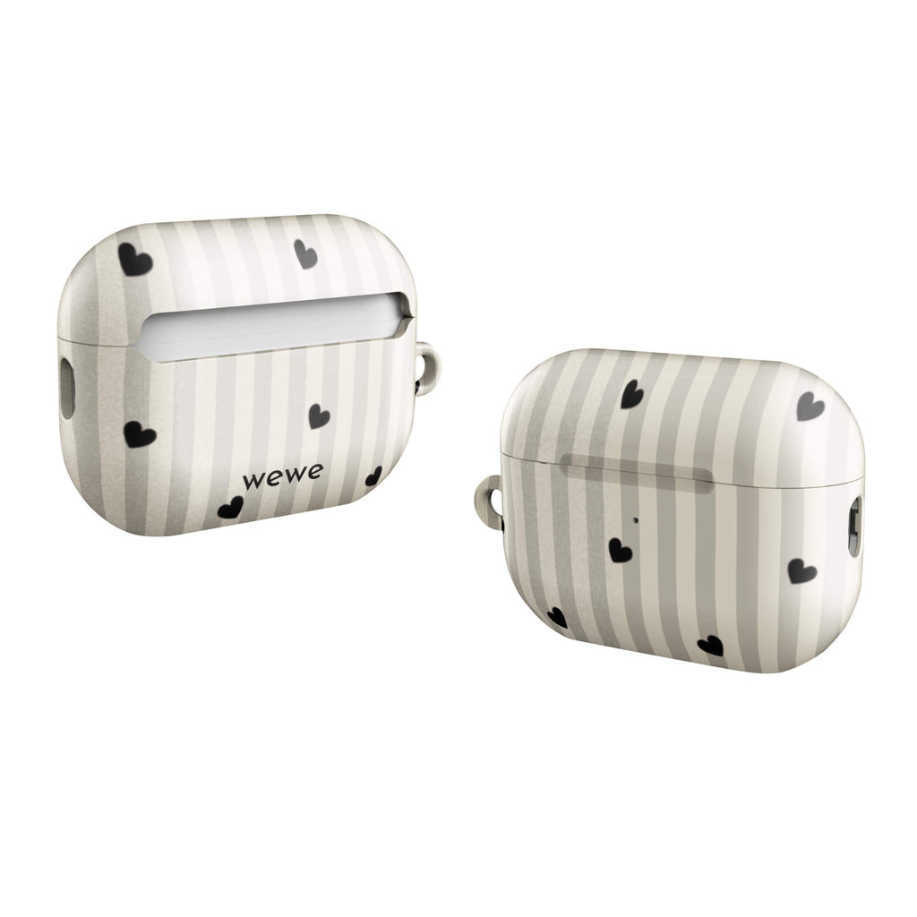 Custom airpods case pro gen2 with a subtle beige and white vertical stripe background, scattered black hearts.
