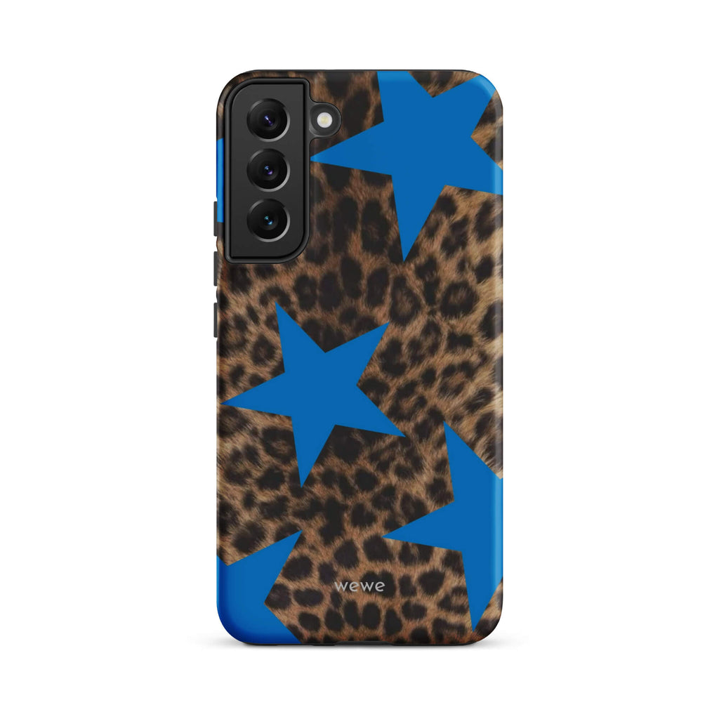 Brown-and-black leopard-print iPhone case with large electric-blue stars