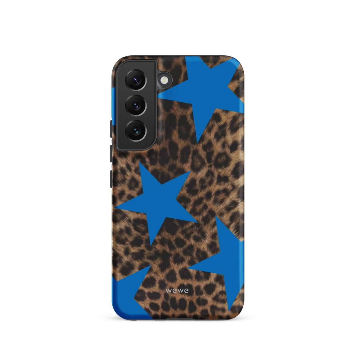 Brown-and-black leopard-print iPhone case with large electric-blue stars