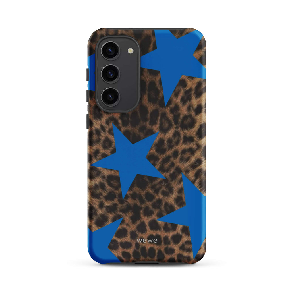 Brown-and-black leopard-print iPhone case with large electric-blue stars