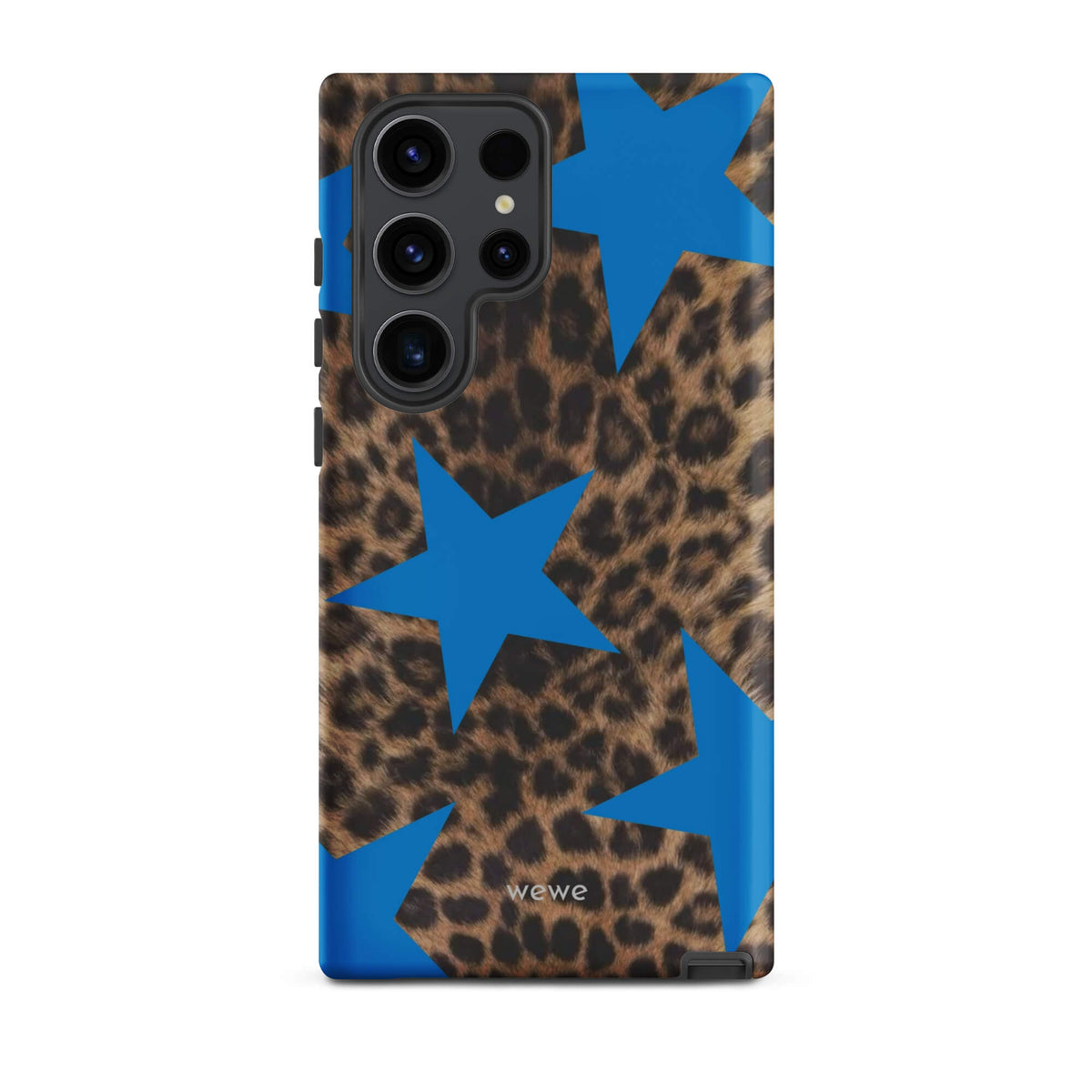 Brown-and-black leopard-print iPhone case with large electric-blue stars