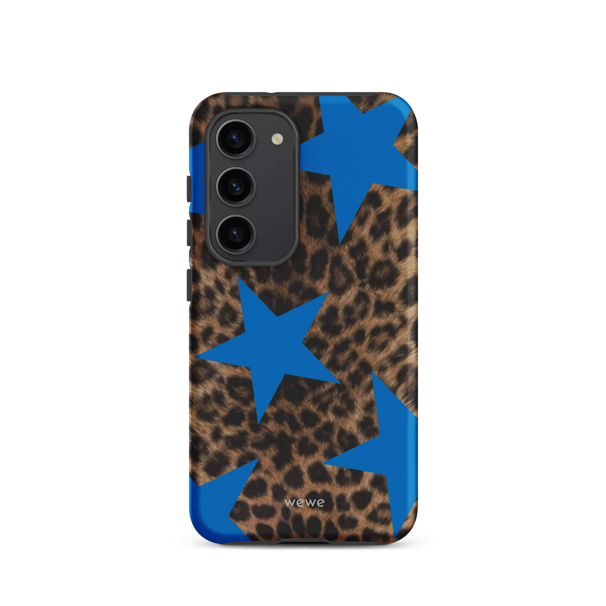 Brown-and-black leopard-print iPhone case with large electric-blue stars