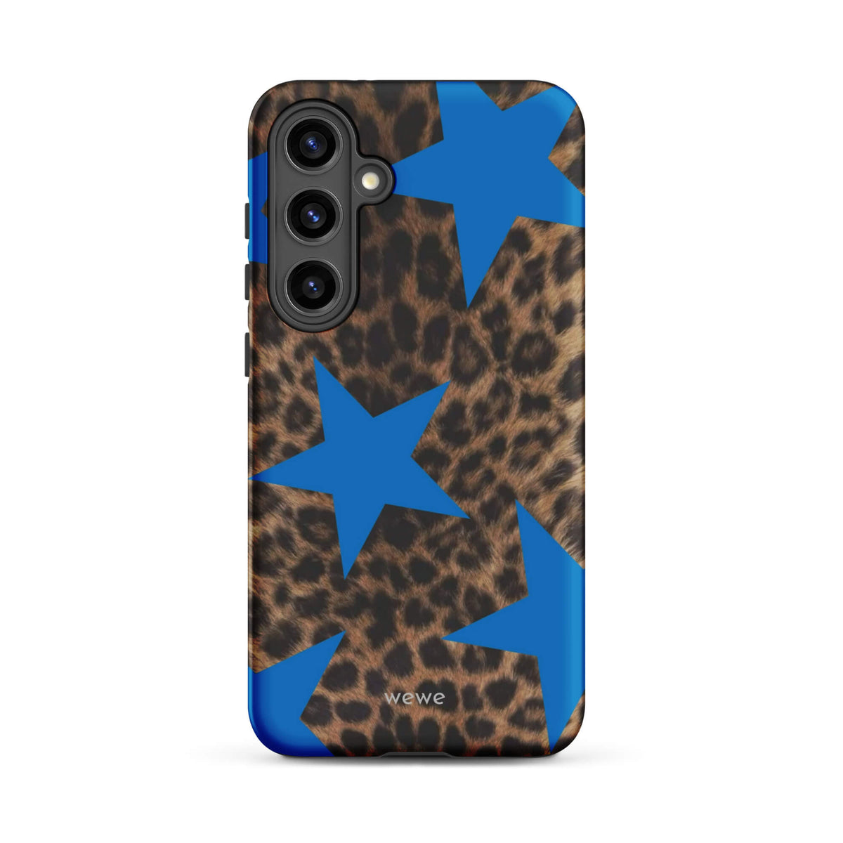 Brown-and-black leopard-print iPhone case with large electric-blue stars