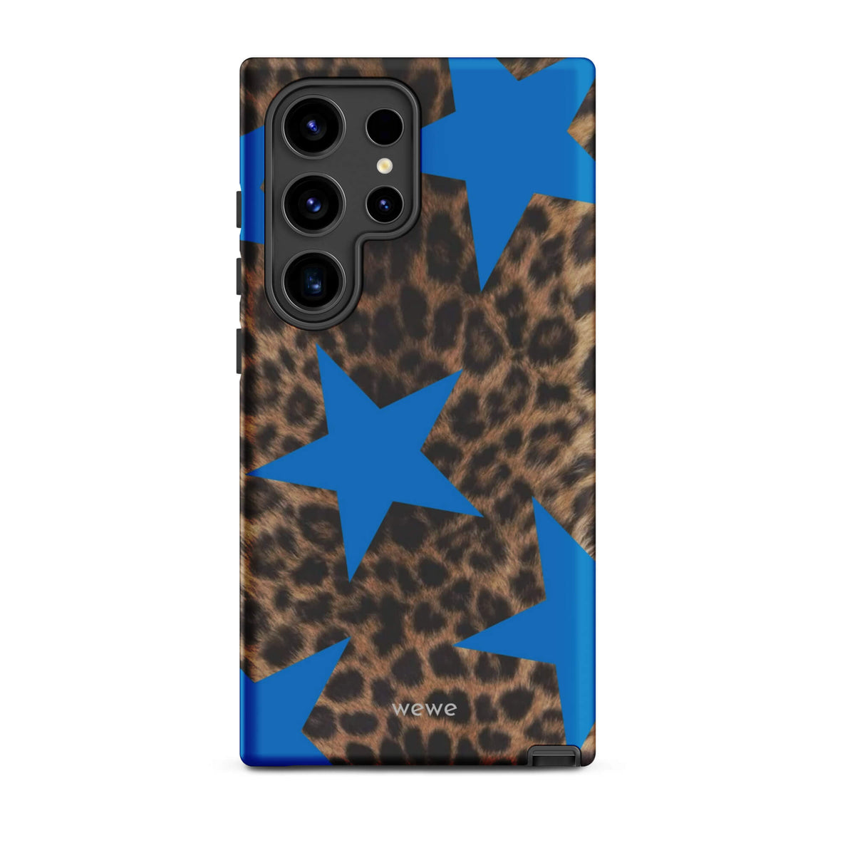 Brown-and-black leopard-print iPhone case with large electric-blue stars