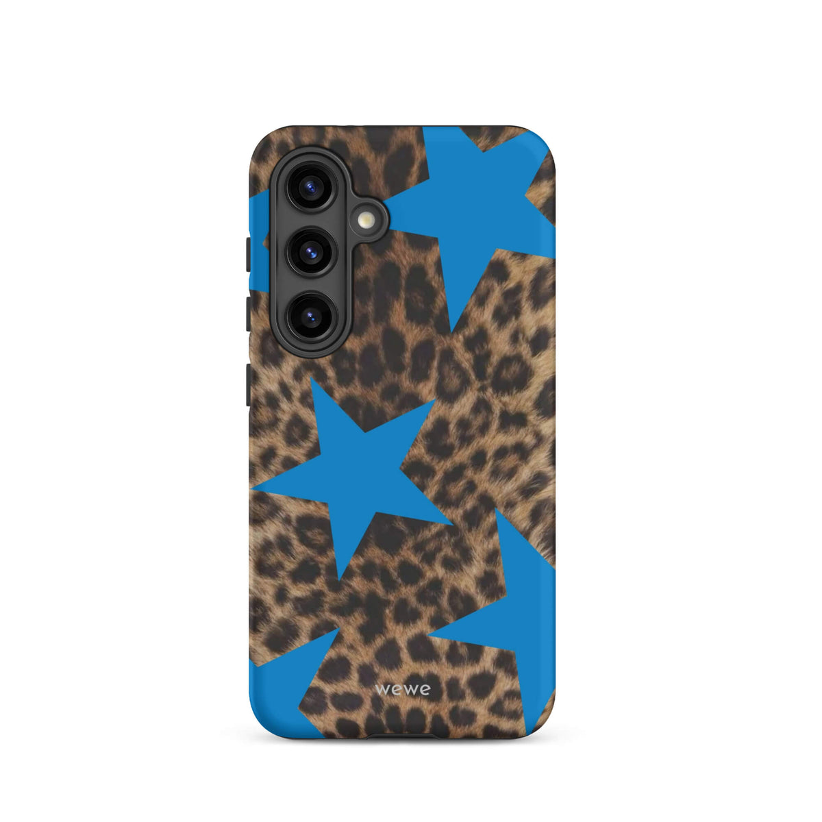 Brown-and-black leopard-print iPhone case with large electric-blue stars