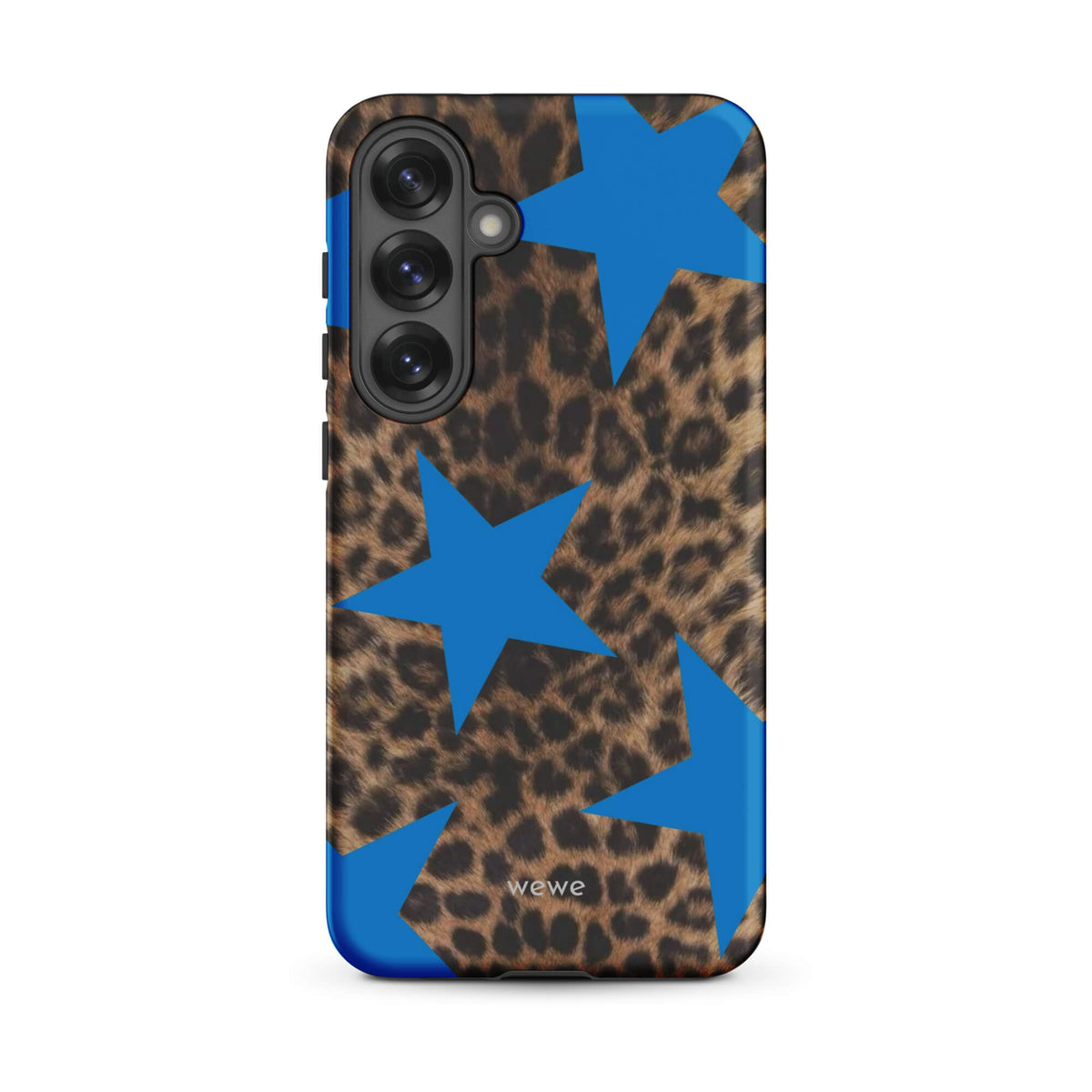 Brown-and-black leopard-print iPhone case with large electric-blue stars