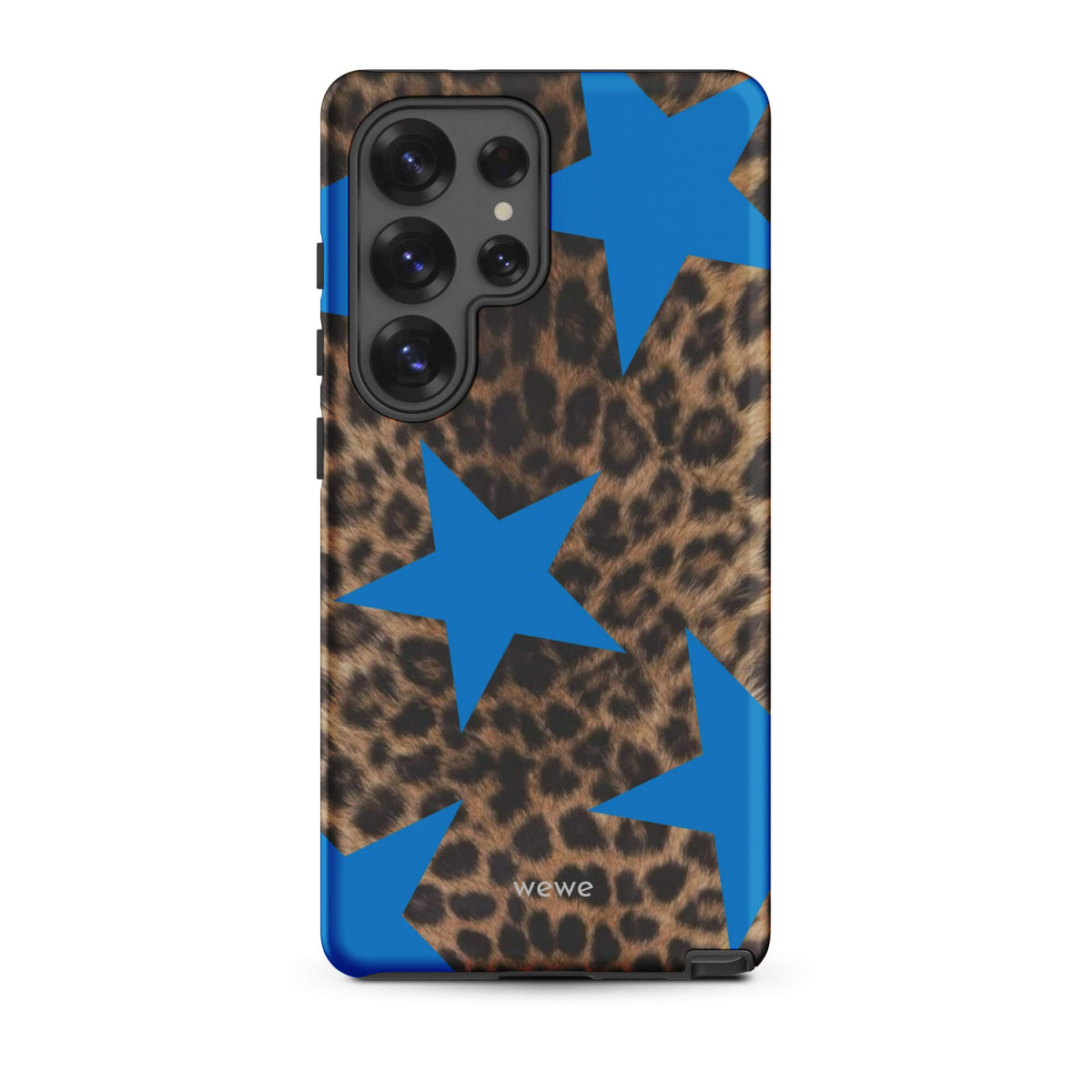 Brown-and-black leopard-print iPhone case with large electric-blue stars