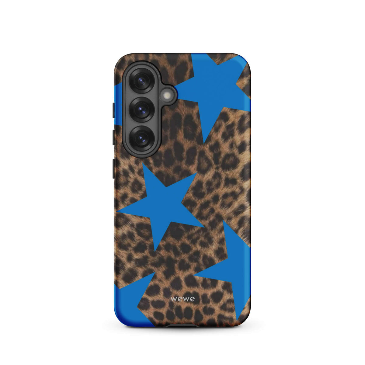 Brown-and-black leopard-print iPhone case with large electric-blue stars