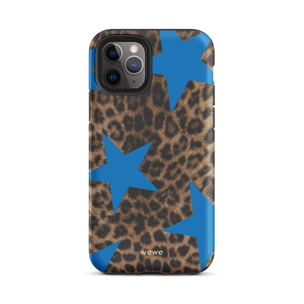 Brown-and-black leopard-print iPhone case with large electric-blue stars