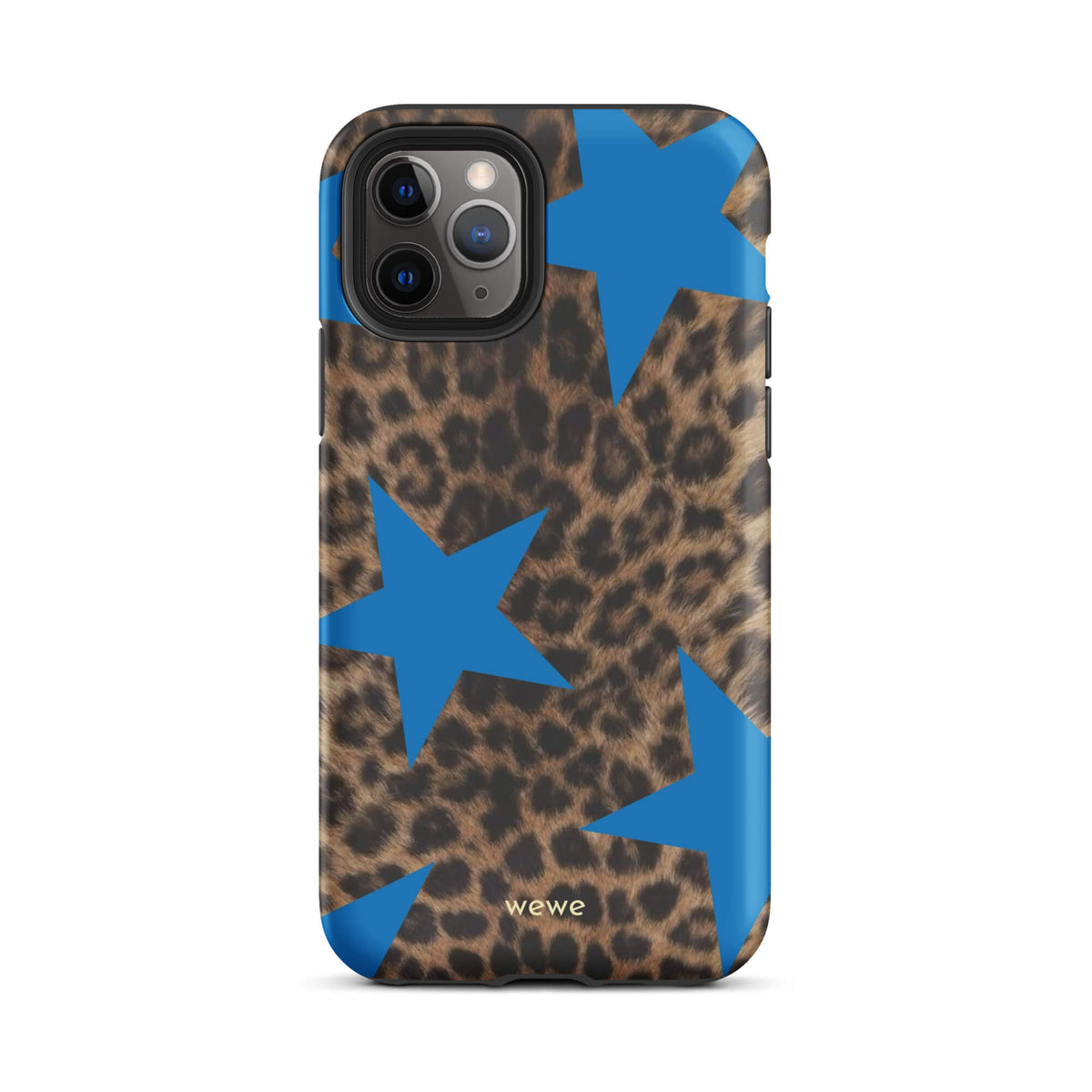Brown-and-black leopard-print iPhone case with large electric-blue stars