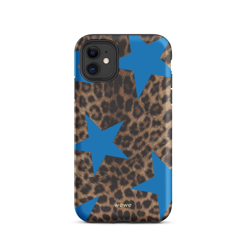 Brown-and-black leopard-print iPhone case with large electric-blue stars