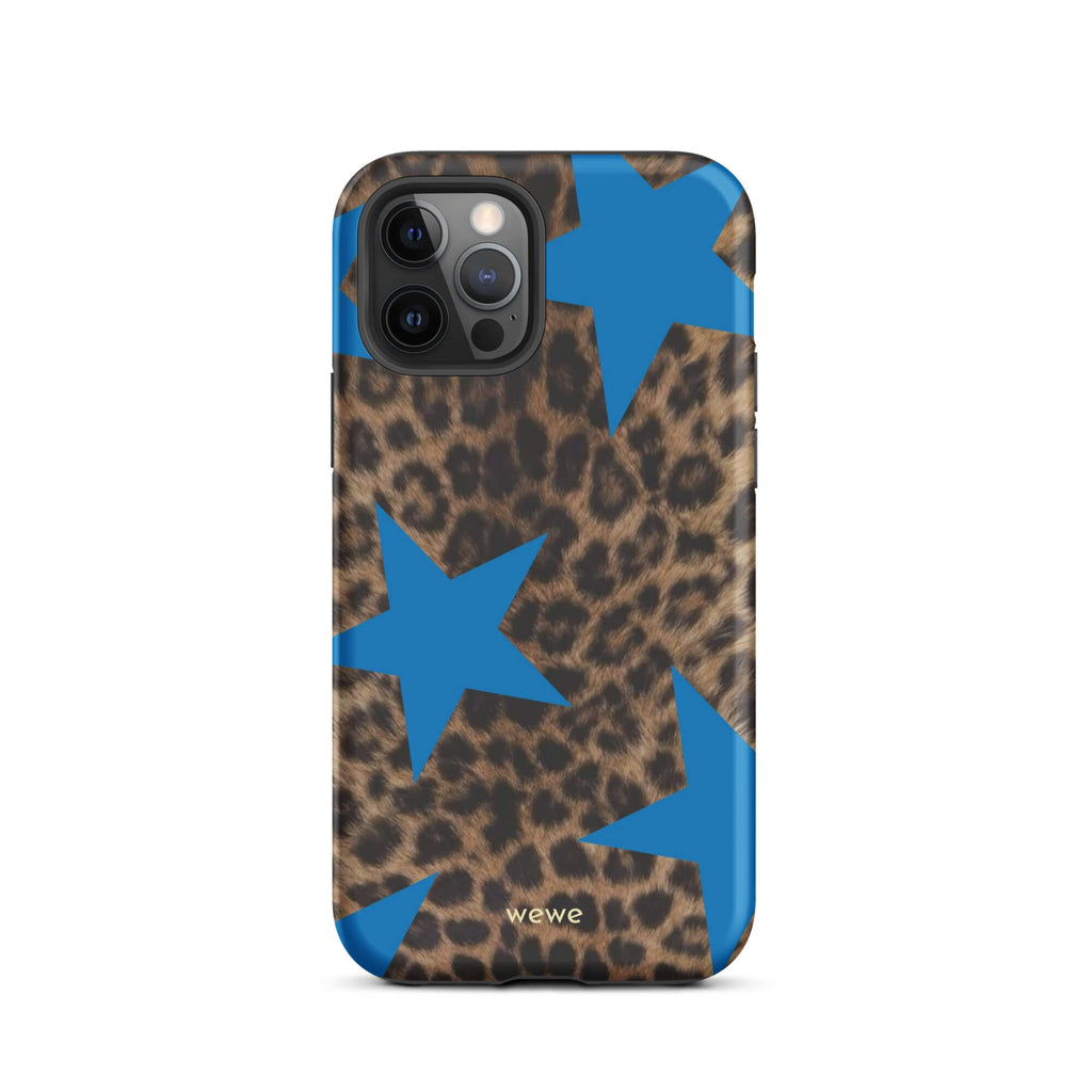 Brown-and-black leopard-print iPhone case with large electric-blue stars