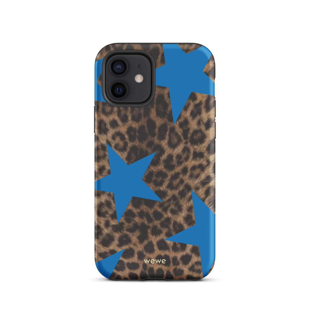 Brown-and-black leopard-print iPhone case with large electric-blue stars