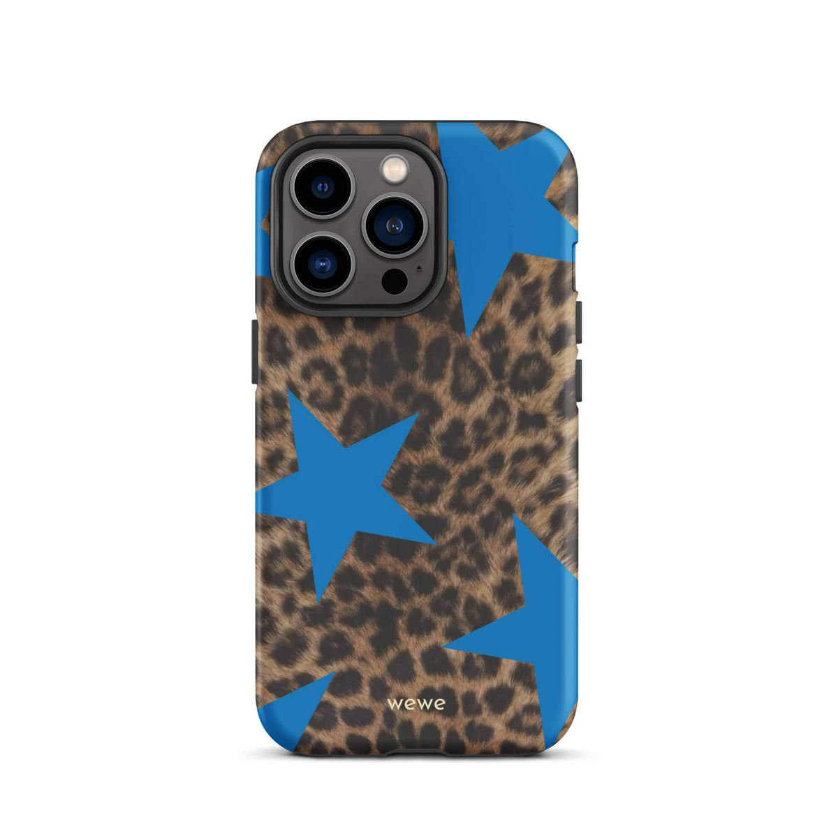 Brown-and-black leopard-print iPhone case with large electric-blue stars