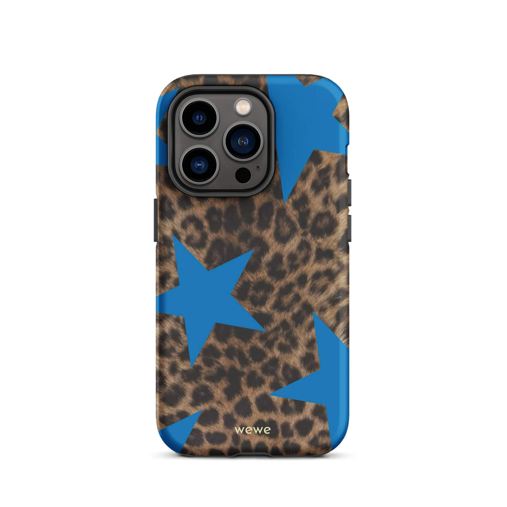 Brown-and-black leopard-print iPhone case with large electric-blue stars