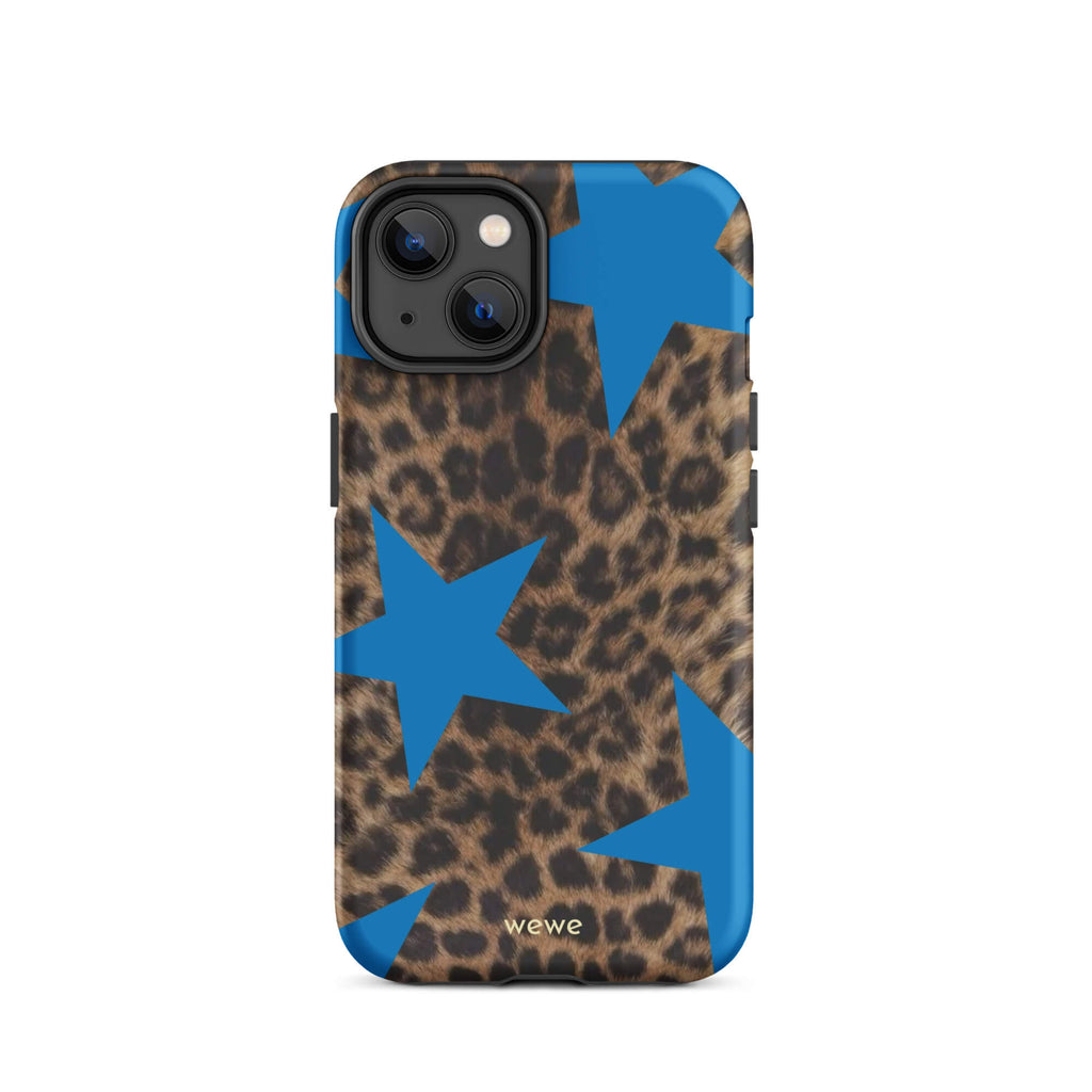 Brown-and-black leopard-print iPhone case with large electric-blue stars