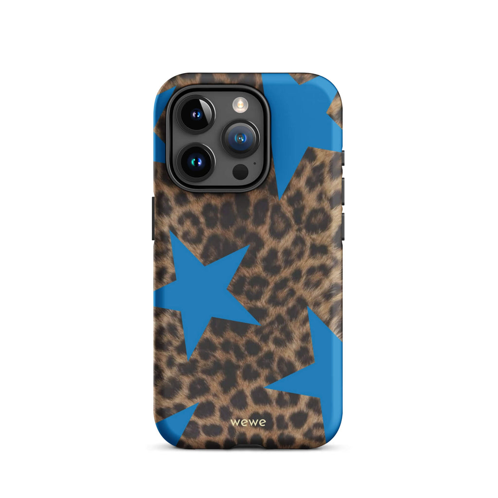 Brown-and-black leopard-print iPhone case with large electric-blue stars